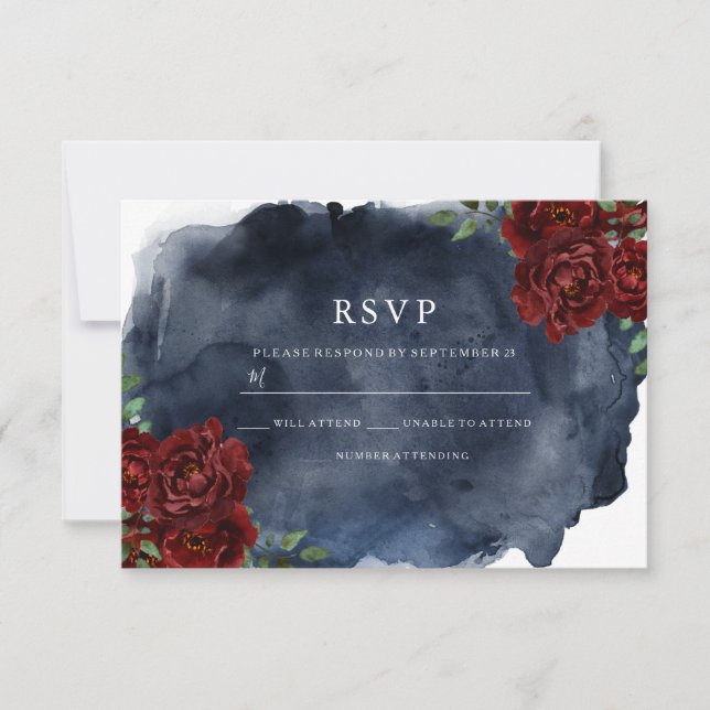 Romantic Red Rose & Navy Watercolor Wedding  RSVP Card (Front)