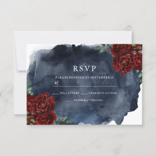 Romantic Red Rose & Navy Watercolor Wedding RSVP Card