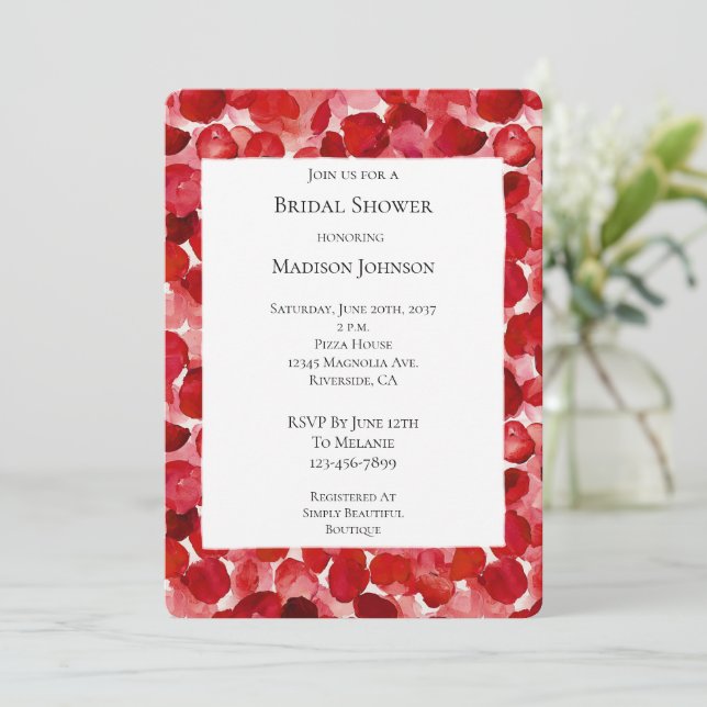 Romantic Red Rose Petals Floral Bridal Shower Invitation (Standing Front)