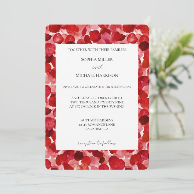 Romantic Red Rose Petals Floral Wedding Invitation (Standing Front)