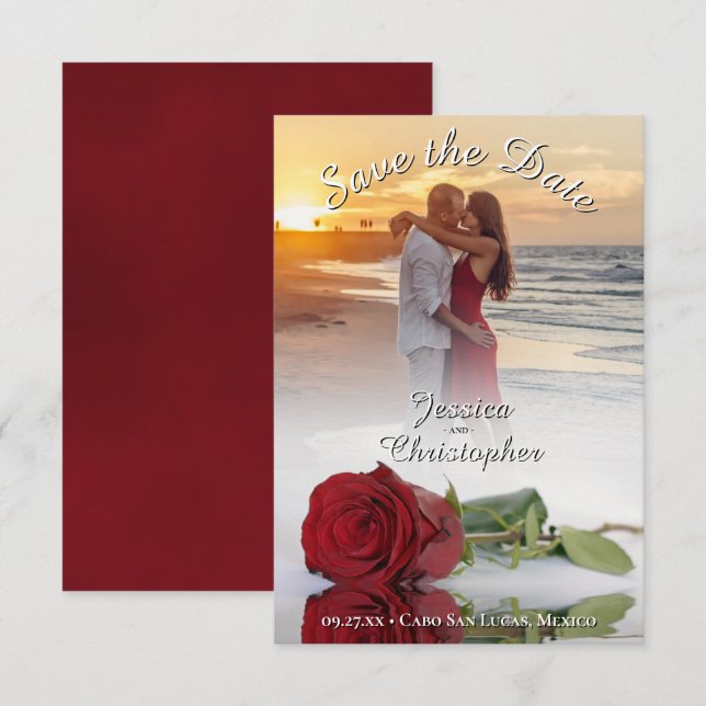 Romantic Red Rose Photo Overlay White Text Wedding Save The Date (Front/Back)