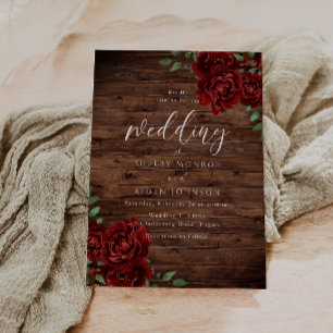 Romantic Red Rose Rustic Wood Wedding Invitation