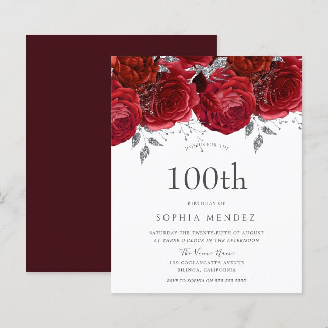 Romantic Red Rose Silver 100th Birthday Invitation (Front/Back)