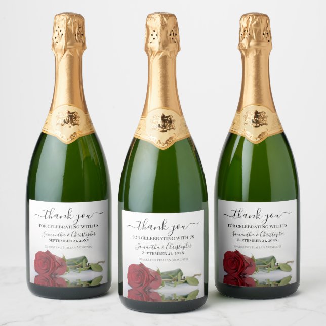 Romantic Red Rose Thank You Wedding Sparkling Wine Label (Bottles)