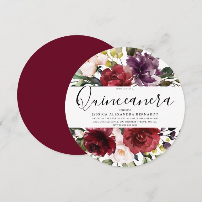 Romantic Red Rose Watercolor Quinceanera Invitation (Front/Back)