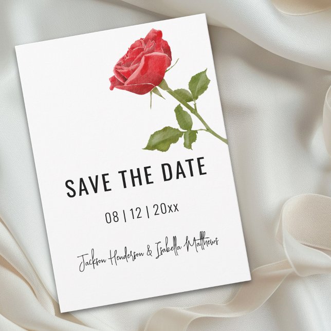 Romantic Red Rose Wedding Save The Date (Romantic simple watercolor red rose wedding save the date Card elegant modern script)