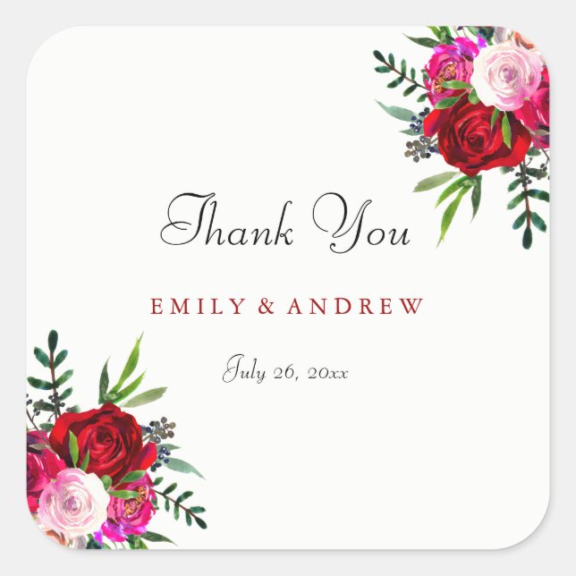 Romantic Red Rose Wedding Thank You Sticker (Front)