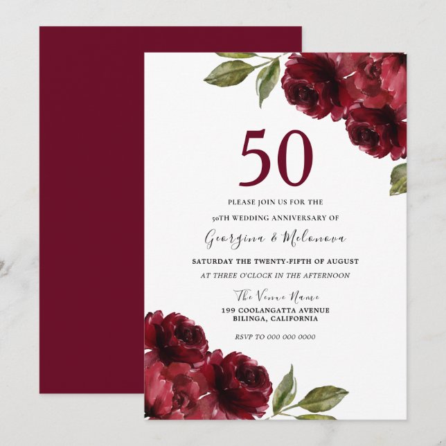 Romantic Red Roses 50th Wedding Anniversary Invitation (Front/Back)