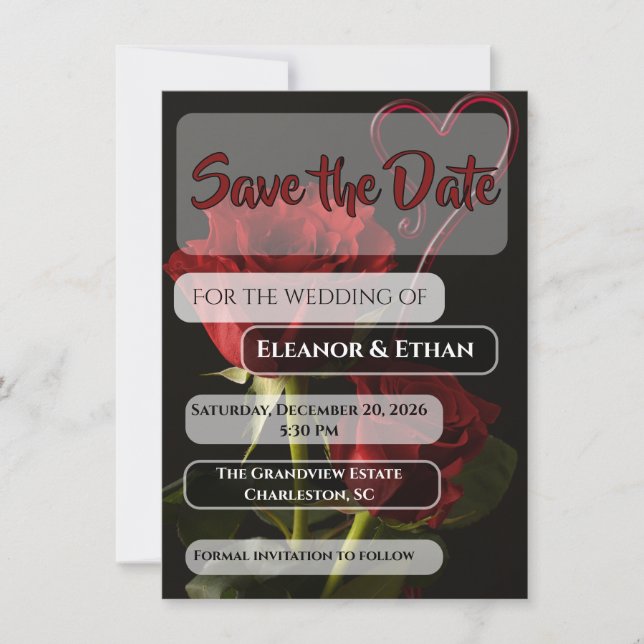 Romantic Red Roses Abstract Heart Love Wedding Inv Save The Date (Front)