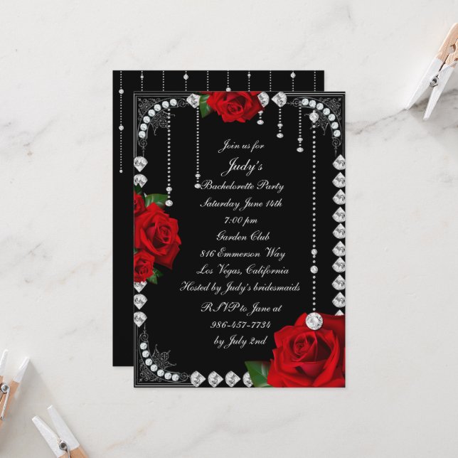 Romantic Red Roses And Diamonds Bachelorette Party Invitation (Front/Back In Situ)