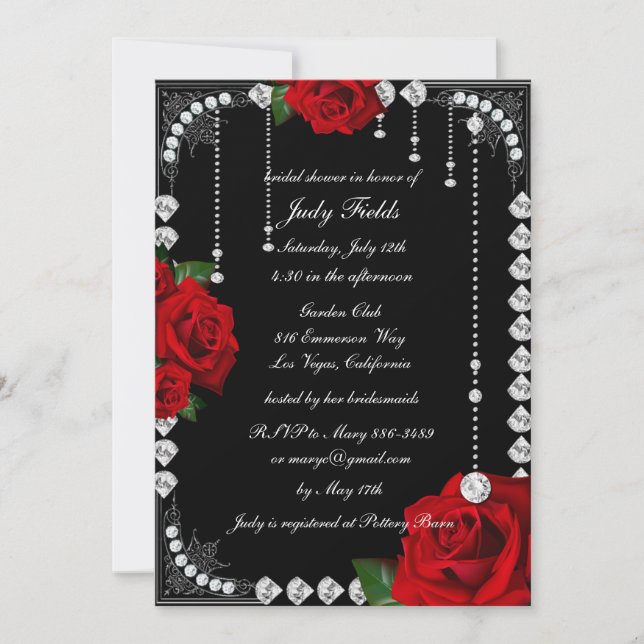 Romantic Red Roses And Diamonds Bridal Shower Invitation (Front)