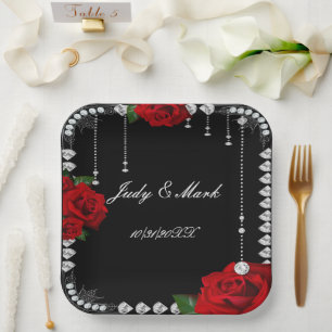 Romantic Red Roses And Diamonds Paper Plate
