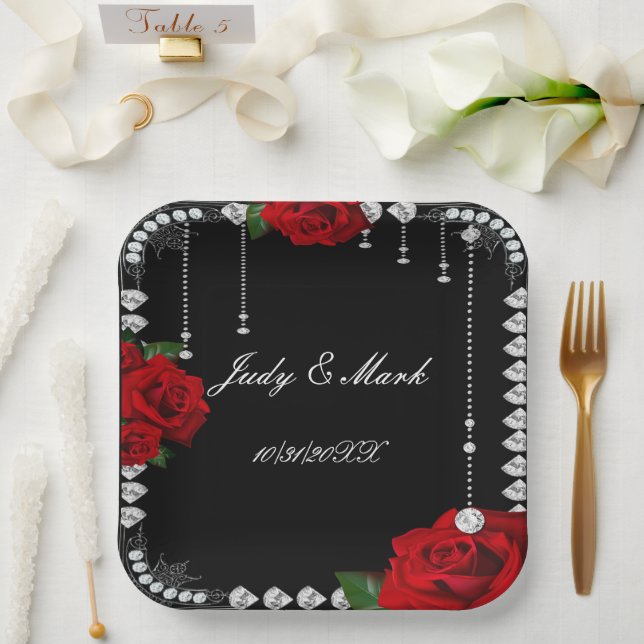 Romantic Red Roses And Diamonds Paper Plate (Wedding)