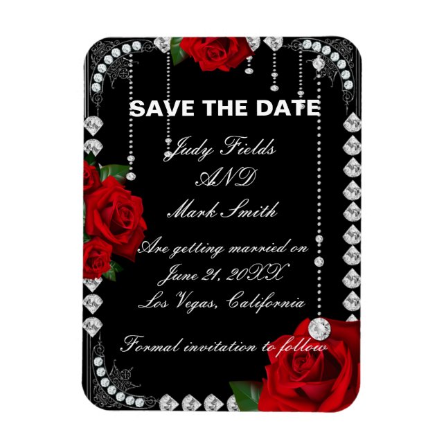 Romantic Red Roses And Diamonds Save The Date Magnet (Vertical)