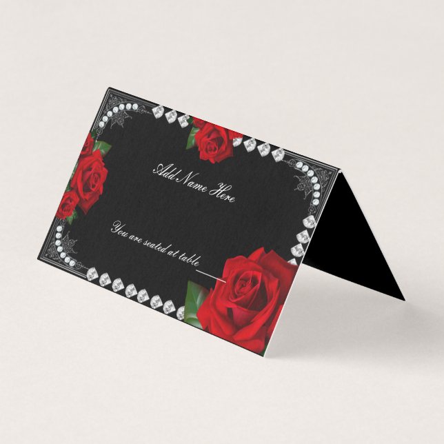 Romantic Red Roses And Diamonds Table Place Card (Front)