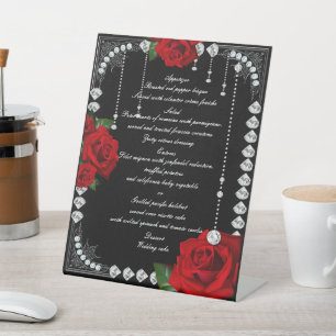 Romantic Red Roses And Diamonds Wedding Menu Pedestal Sign