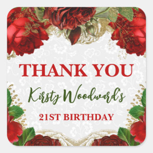 Romantic Red Roses and Gold Glitter 21st Birthday Square Sticker