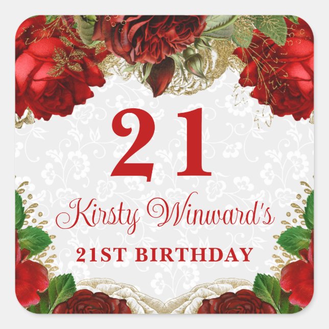 Romantic Red Roses and Gold Glitter 21st Birthday Square Sticker (Front)