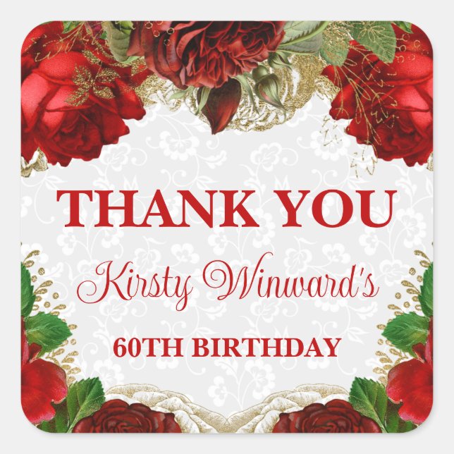 Romantic Red Roses and Gold Glitter 60th Birthday Square Sticker (Front)