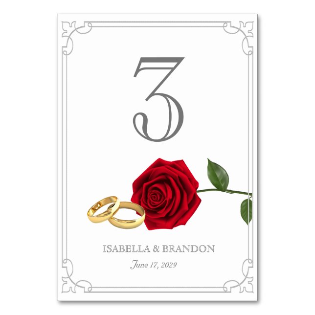 Romantic Red Roses and Rings Wedding Table Number (Front)