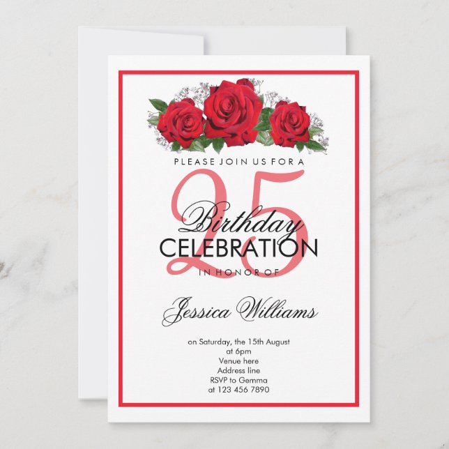 Romantic Red Roses Birthday Invitation (Front)