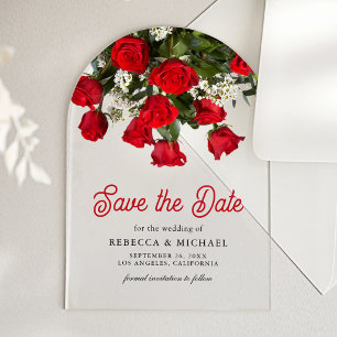 Romantic Red Roses Bouquet Wedding Save the Date Acrylic Invitations