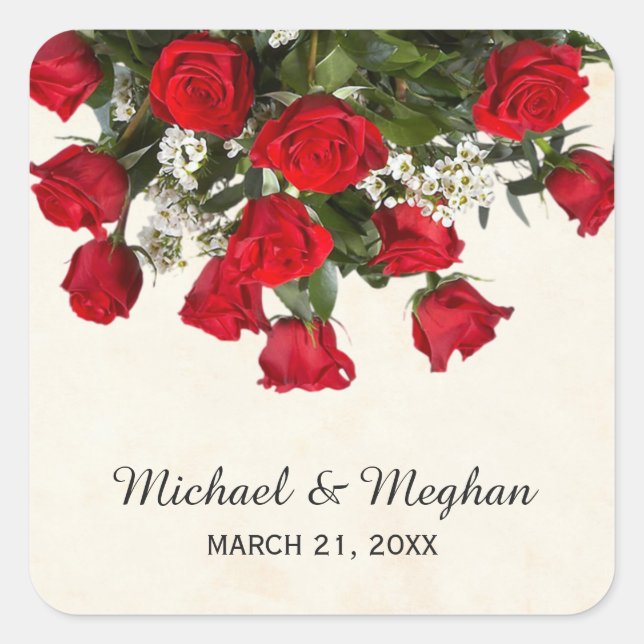 Romantic Red Roses Bouquet Wedding Square Sticker (Front)