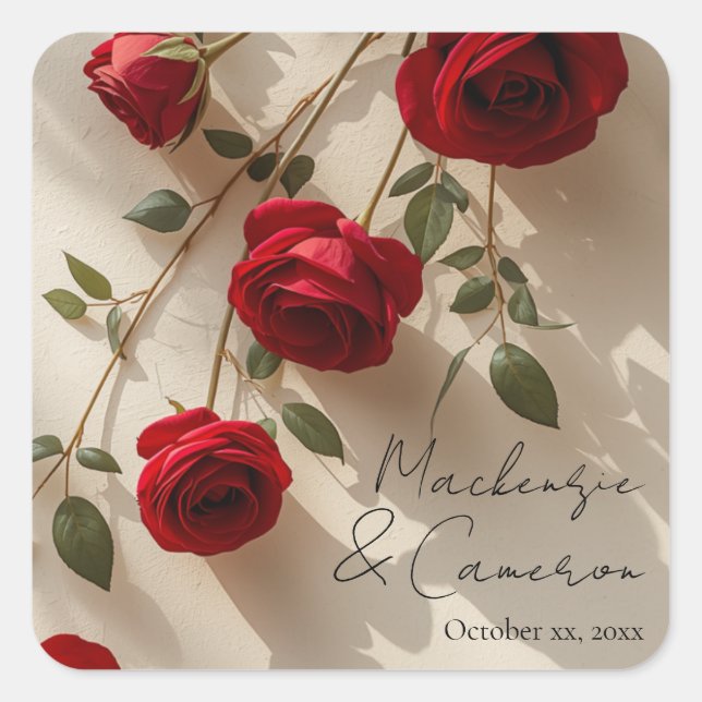 Romantic Red Roses Custom Name Square Sticker (Front)