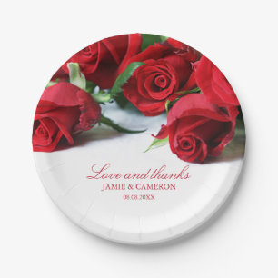Romantic Red Roses Custom Names Wedding Paper Plate