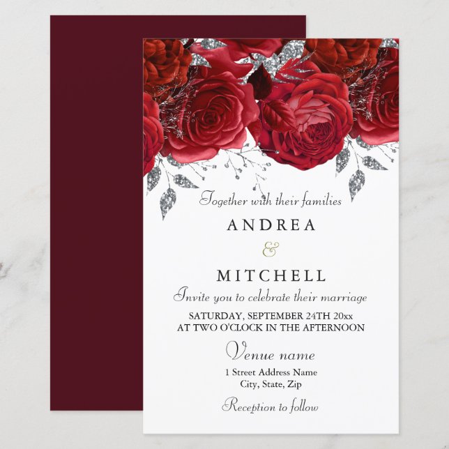 Romantic Red Roses Discount Budget Wedding Invite (Front/Back)