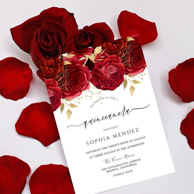 Romantic Red Roses Elegant Quinceanera Party Invitation (Creator Uploaded)