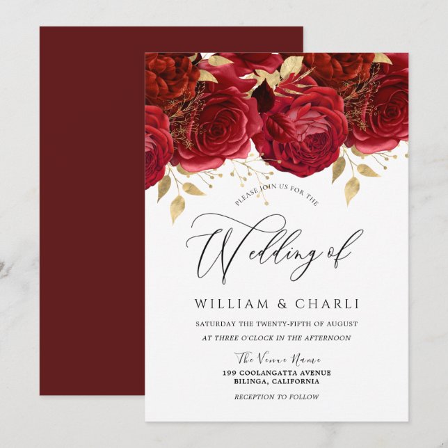 Romantic Red Roses Elegant Wedding Invitation (Front/Back)
