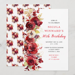 Romantic Red Roses Floral Birthday Party Invitation