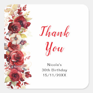 Romantic Red Roses Floral Birthday Party Square Sticker
