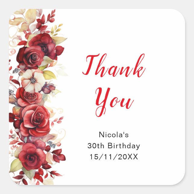 Romantic Red Roses Floral Birthday Party Square Sticker (Front)