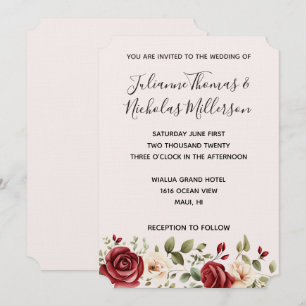 Romantic Red Roses Floral Blush Pink Wedding Invitation