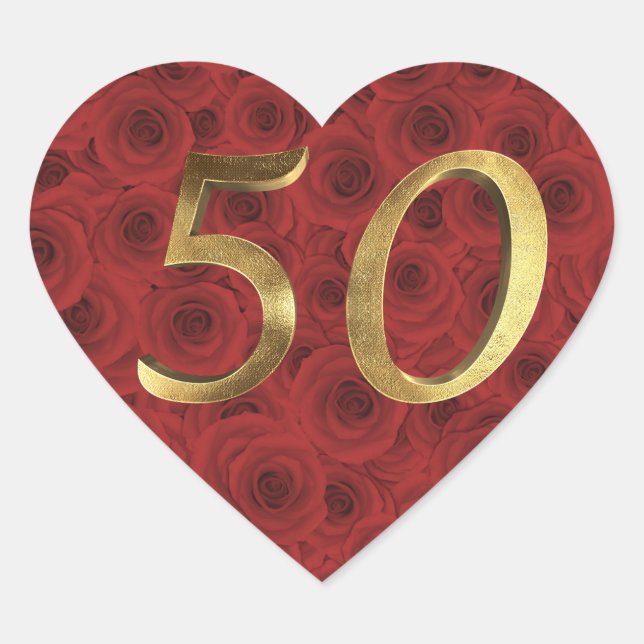 Romantic Red Roses Floral Heart Golden Number 50 Heart Sticker (Front)