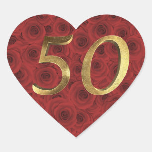Romantic Red Roses Floral Heart Golden Number 50 Sticker