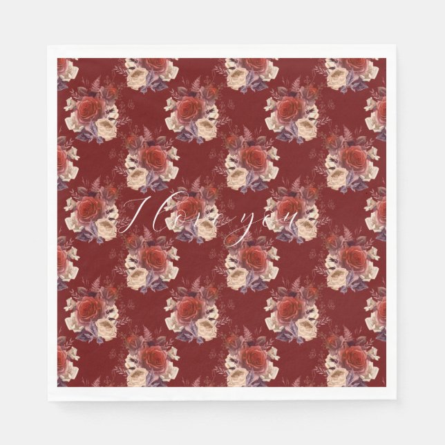 Romantic Red Roses Floral Napkin (Front)