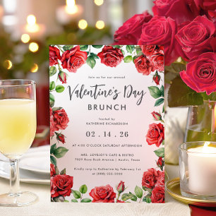 Romantic Red Roses Floral Valentine's Day Brunch Invitation