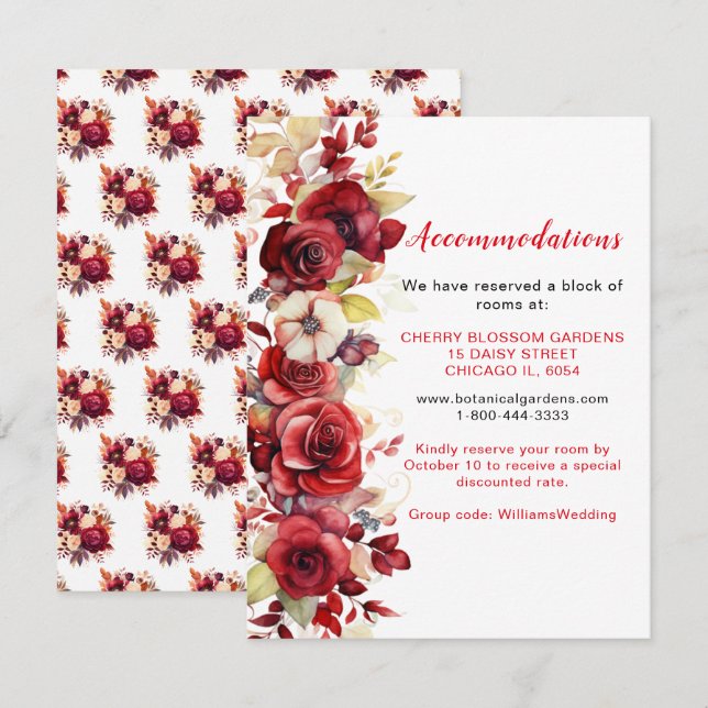 Romantic Red Roses Floral Wedding Accommodations Enclosure Card (Front/Back)