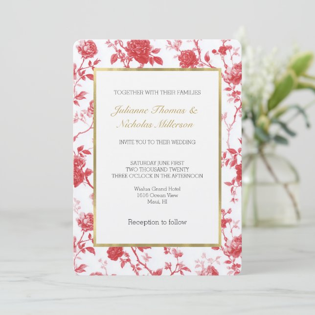 Romantic Red Roses Floral Wedding Invitation (Standing Front)