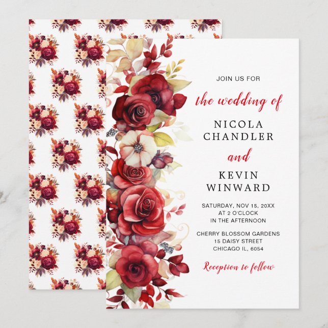 Romantic Red Roses Floral Wedding Invitation (Front/Back)