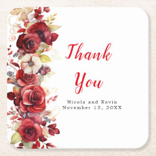 Romantic Red Roses Floral Wedding Square Paper Coaster