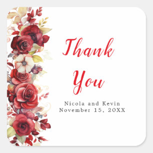 Romantic Red Roses Floral Wedding Square Sticker