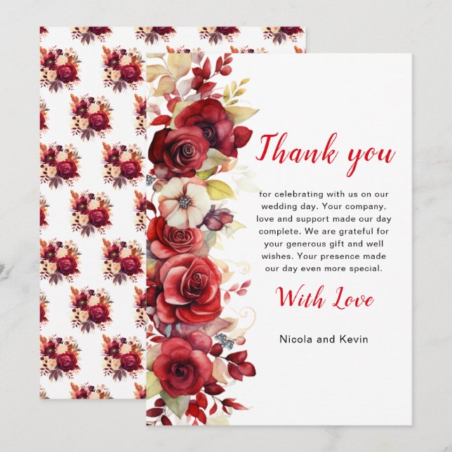 Romantic Red Roses Floral Wedding Thank You Card (Front/Back)