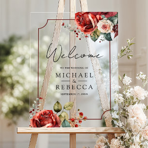 Romantic Red Roses Floral Wedding Welcome Acrylic Sign