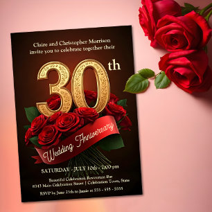 Romantic Red Roses Gold 30th Wedding Anniversary Invitation