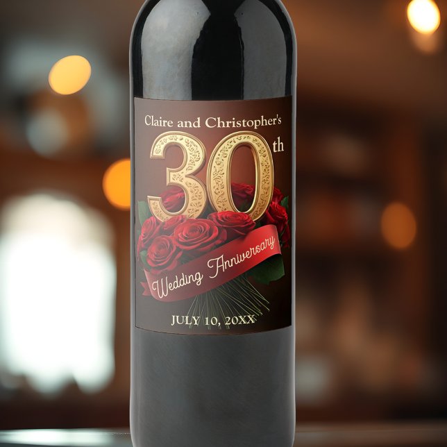 Romantic Red Roses Gold 30th Wedding Anniversary Wine Label (Creator Uploaded)