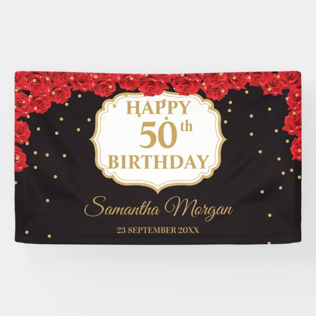 Romantic red roses gold glitter black Brithday Banner (Horizontal)